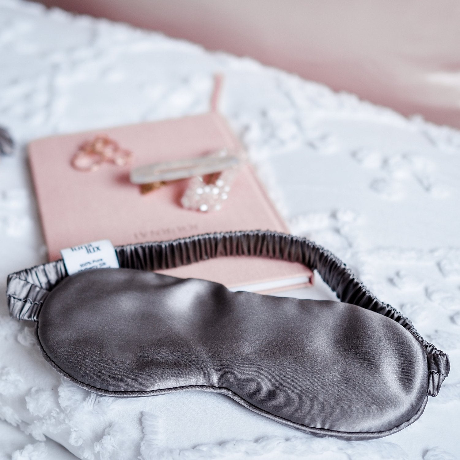 Grey 100% Pure Mulberry Silk Sleep Eye Mask Infused with Hyaluronic Acid and Argan Oil - Lunalux