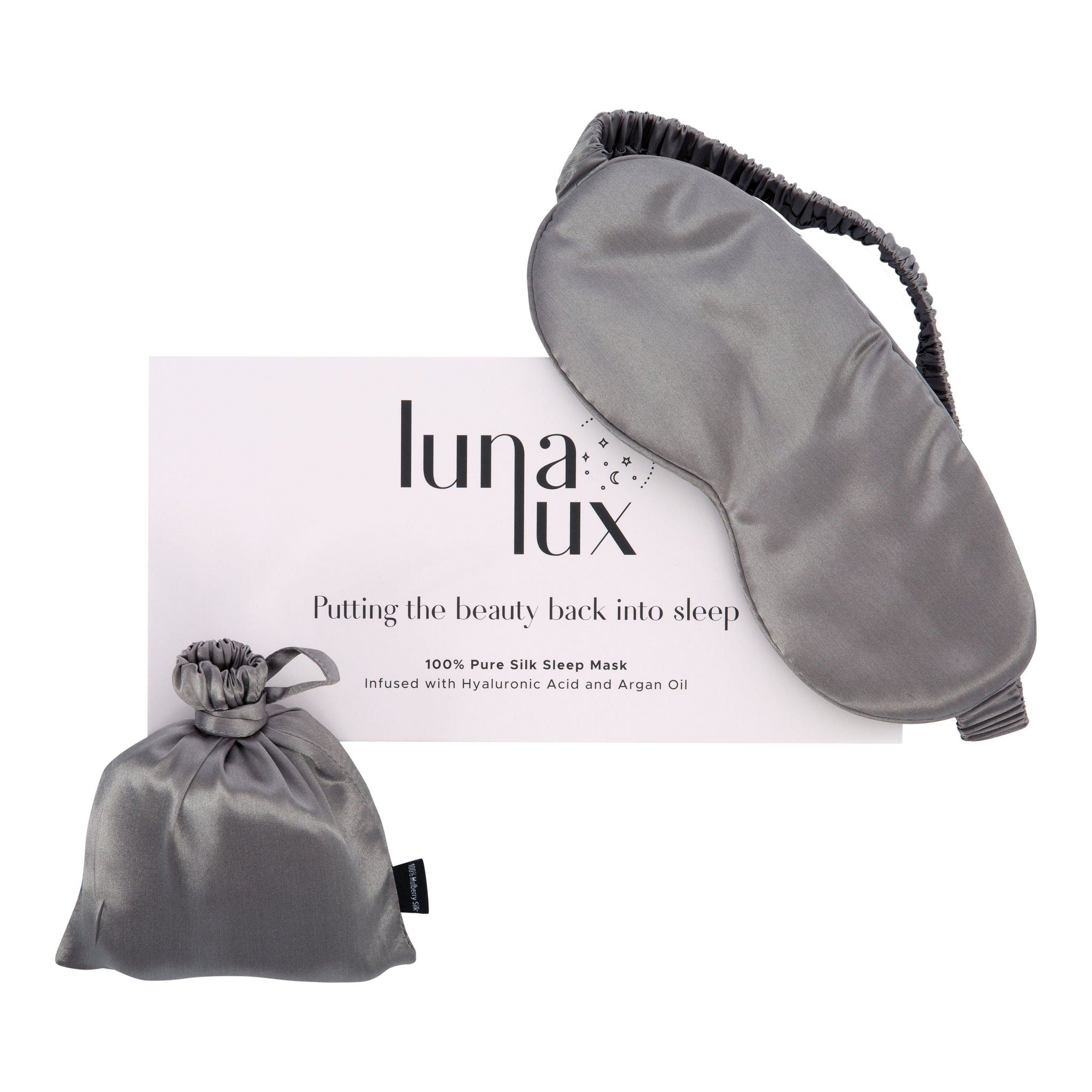 Grey 100% Pure Mulberry Silk Sleep Eye Mask Infused with Hyaluronic Acid and Argan Oil - Lunalux