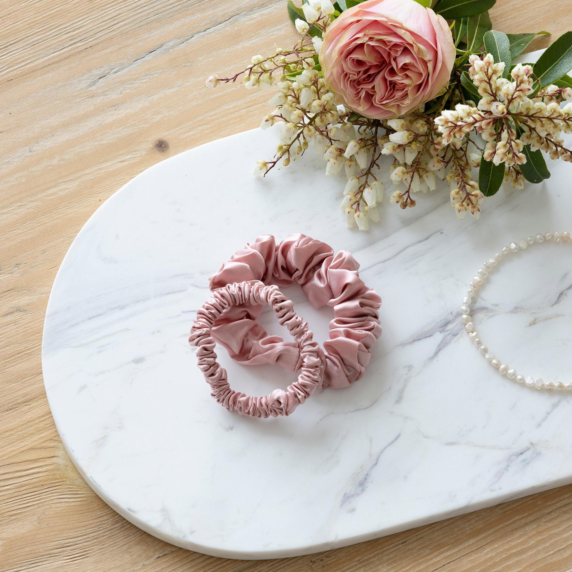 3-Pack Blush Pink Mulberry Silk Scrunchies: Slim, Hyaluronic Acid & Argan Oil Infused - Lunalux