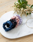 3 Pack Medium Midnight Blue 100% Pure Mulberry Silk Scrunchies Infused with Hyaluronic Acid and Argan Oil - Lunalux