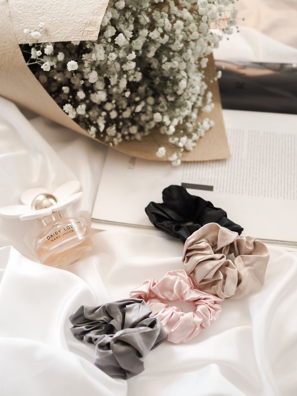 Grey 100% Pure Mulberry Silk Large Scrunchie Infused with Hyaluronic Acid and Argan Oil - Lunalux