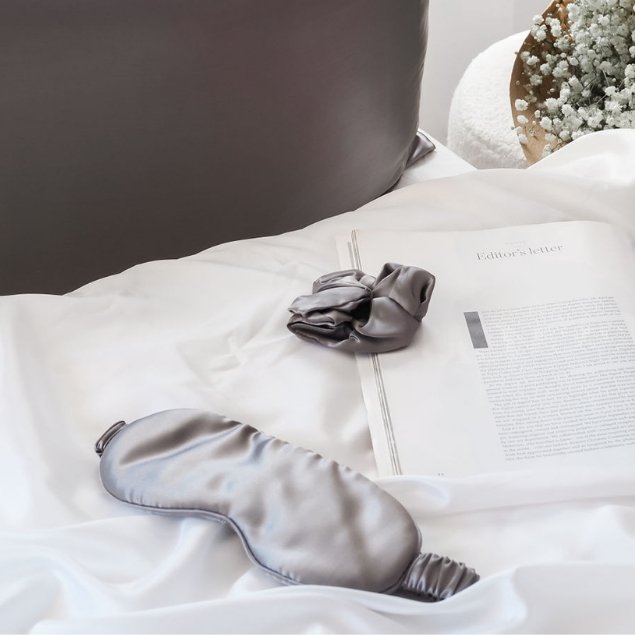 Grey 100% Pure Mulberry Silk Sleep Eye Mask Infused with Hyaluronic Acid and Argan Oil - Lunalux